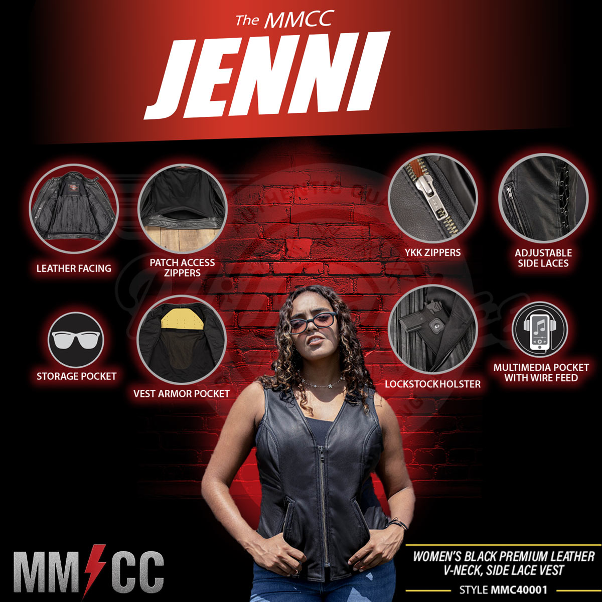 MMCC Women's Jenni Black Leather Motorcycle Vest - MMC40001 - image 2