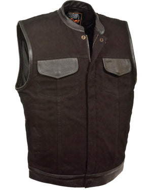 Men's Side Lace Denim Vest w/ Leather Trim & Hidden Zipper