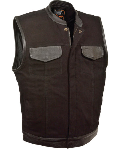 Men's Side Lace Denim Vest w/ Leather Trim & Hidden Zipper