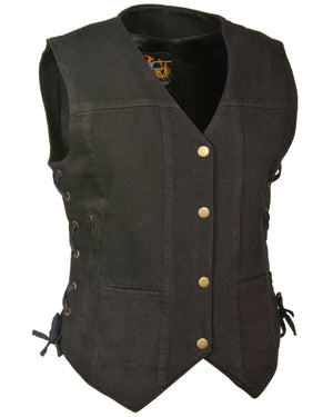 MDL4020-BLACK Women's 6 Pocket Side Lace Denim Vest w/ Gun Pockets