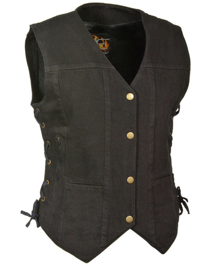 MDL4020-BLACK Women's 6 Pocket Side Lace Denim Vest w/ Gun Pockets