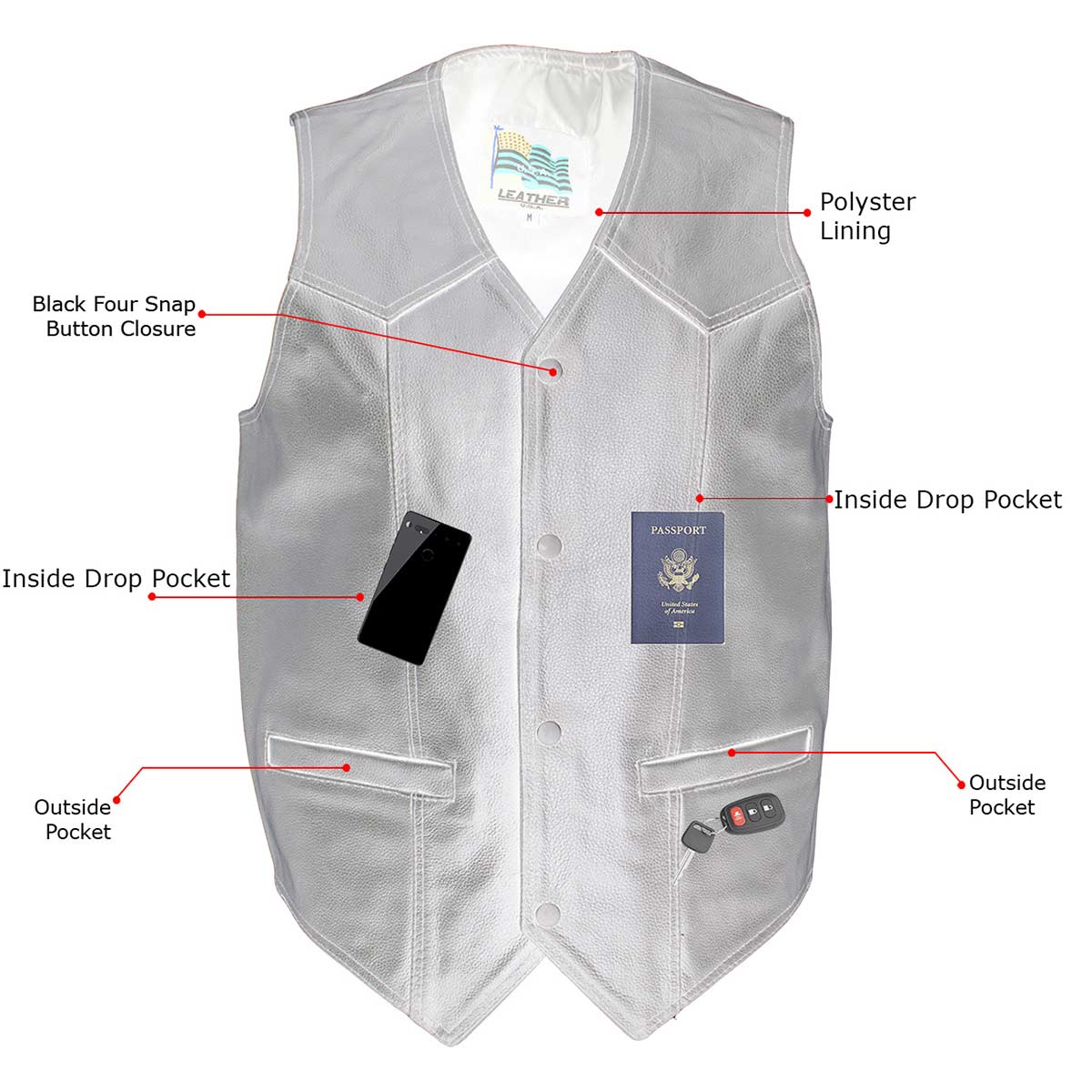 USA Leather 201 Men's Black 'Classy' Leather Motorcycle Rider Vest with Snap Button Closure — image 2