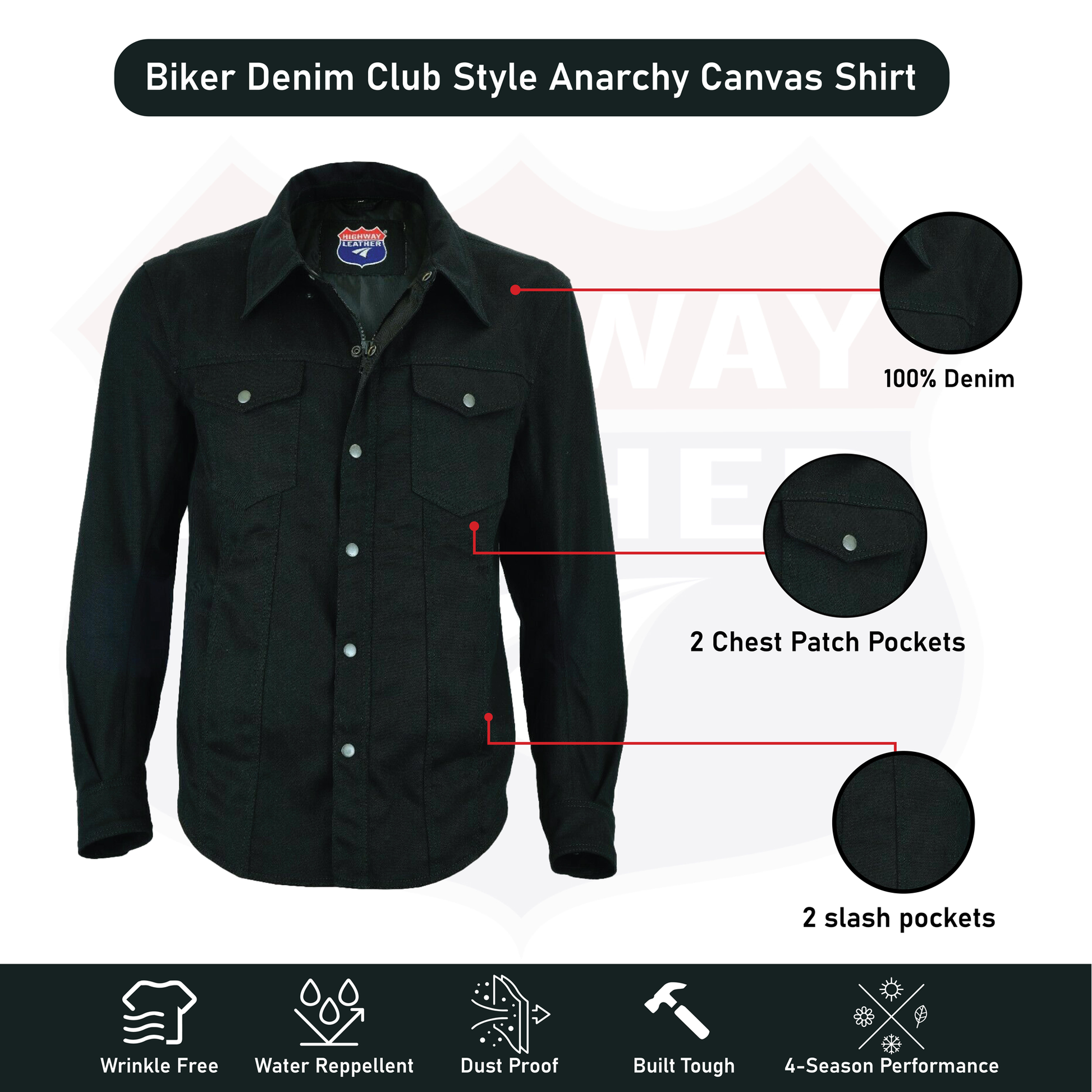 Biker Denim Club Style Anarchy Twill Shirt Conceal Carry Gun pocket SKU#21403 - HighwayLeather