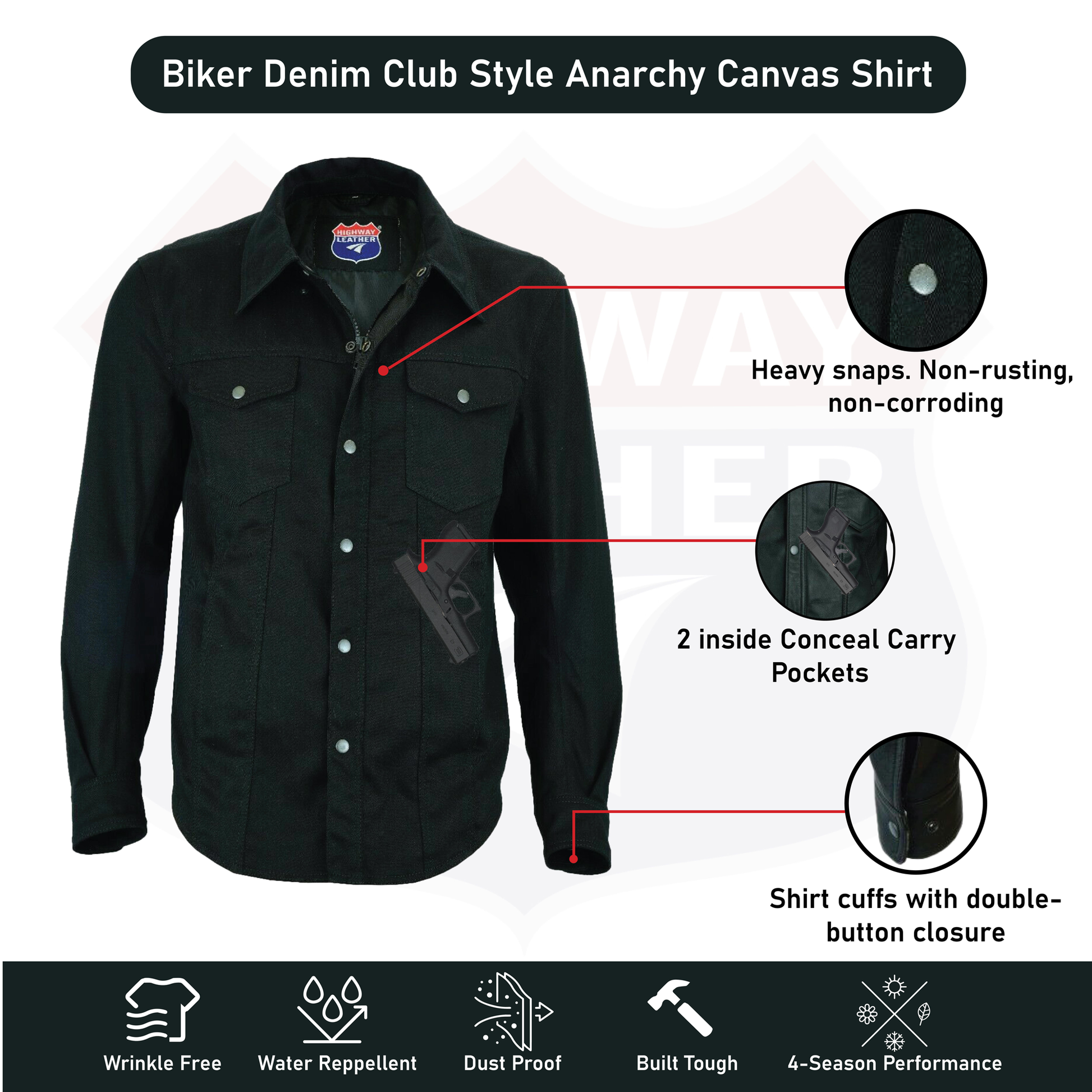 Biker Denim Club Style Anarchy Twill Shirt Conceal Carry Gun pocket SKU#21403 - HighwayLeather