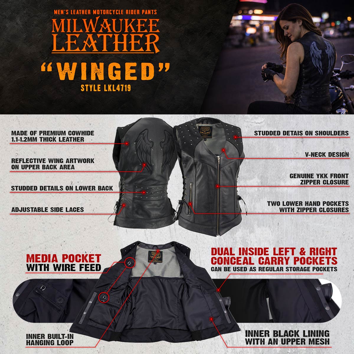 Milwaukee Leather Women's Winged Black Studded Leather Motorcycle Vest with Reflective Wings - LKL4715 - image 4