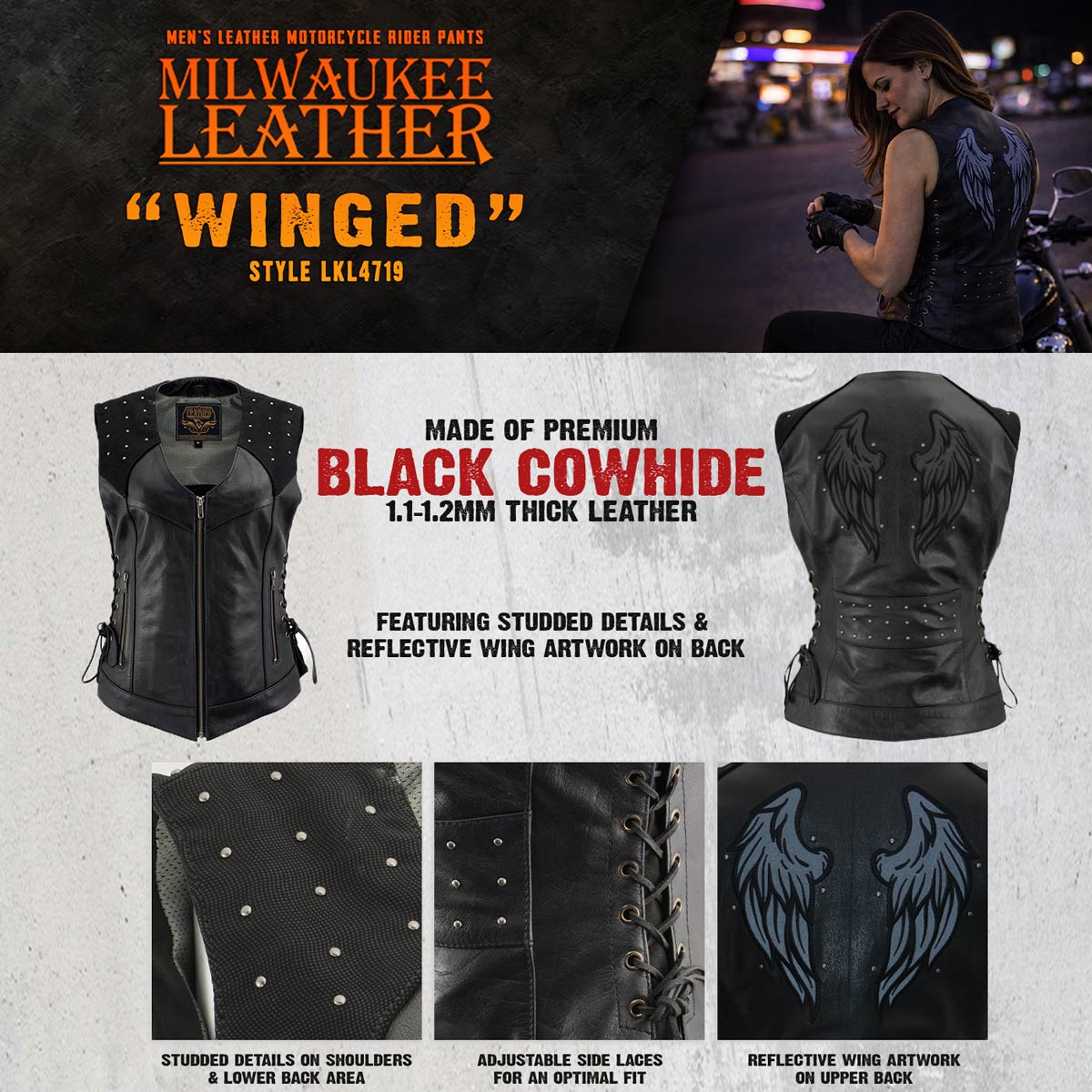 Milwaukee Leather Women's Winged Black Studded Leather Motorcycle Vest with Reflective Wings - LKL4715 - image 5