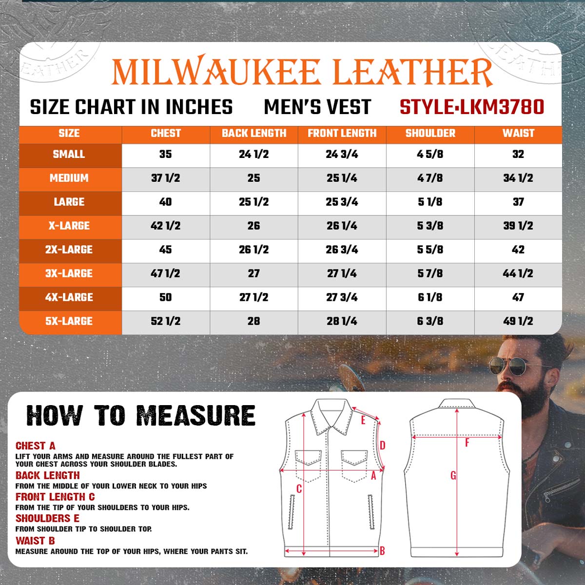 Milwaukee Leather LKM3780 Men's Black Premium Leather Motorcycle Rider Vest w/ Red Stitching and USA Inside Flag Lining — image 3