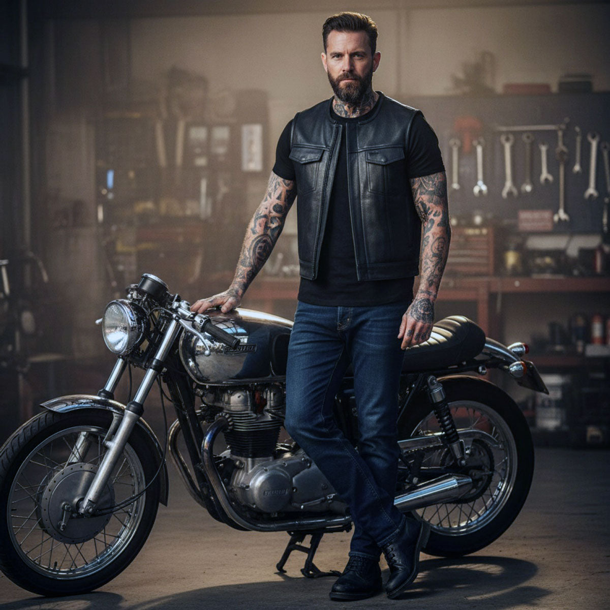 MMCC Men's Low Key Black Leather Motorcycle Vest - MMC30000 — image 9