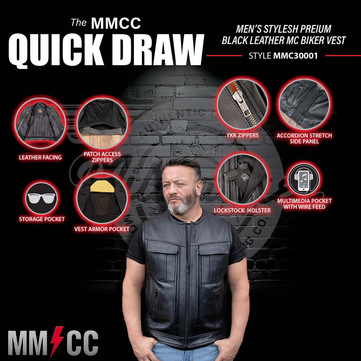 MMCC Men's Quick Draw Black Leather Motorcycle Vest - MMC30001 — image 2