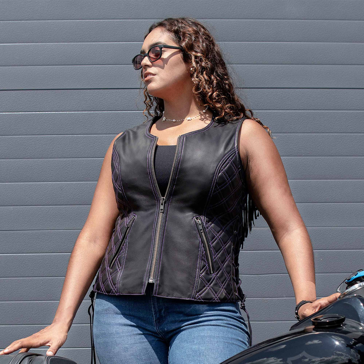 MMCC Women's Low Key Black Purple Leather Motorcycle Vest - MMC40006 - image 8