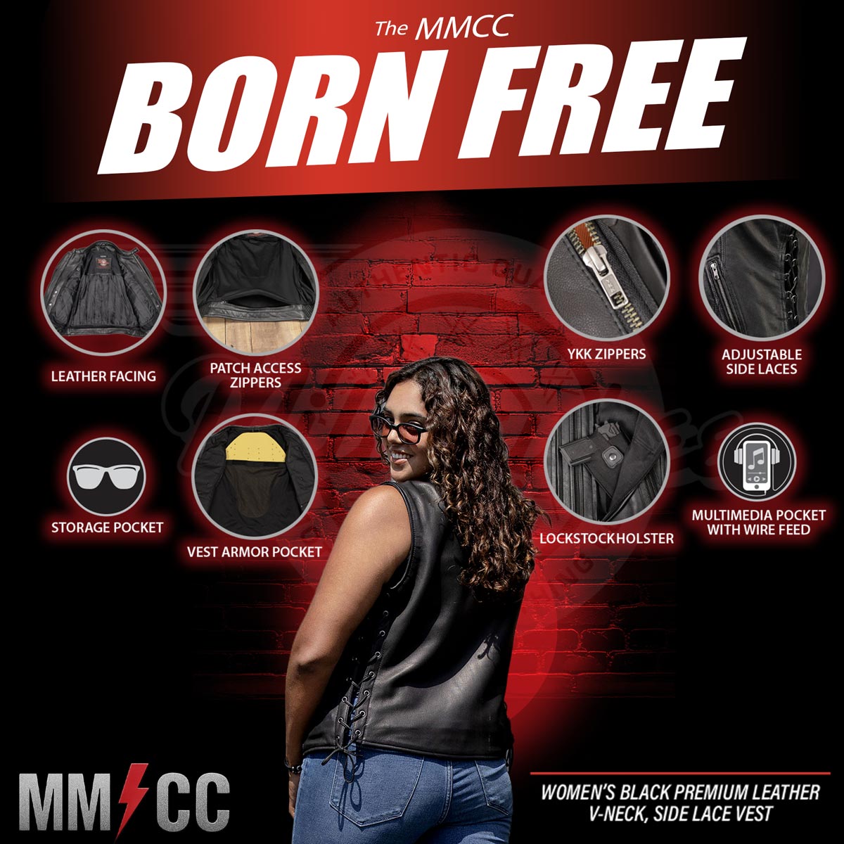 MMCC Women's Born Free Black Leather Motorcycle Vest - MMC40002 - image 2