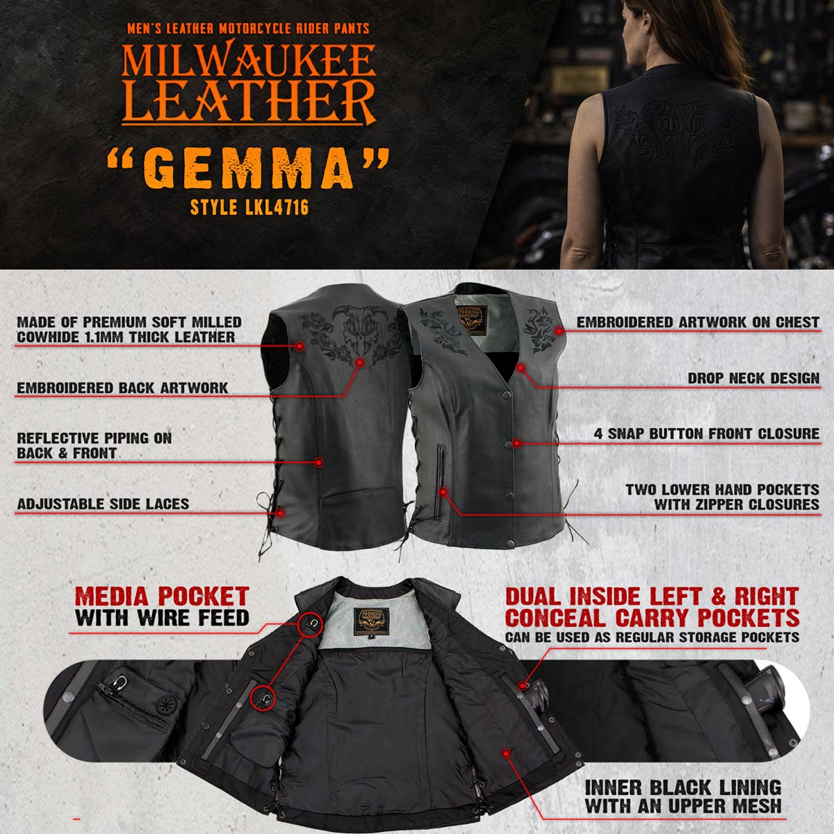 Milwaukee Leather Women's Gemma Black Leather Motorcycle Vest with Side Laces - LKL4716 - image 4