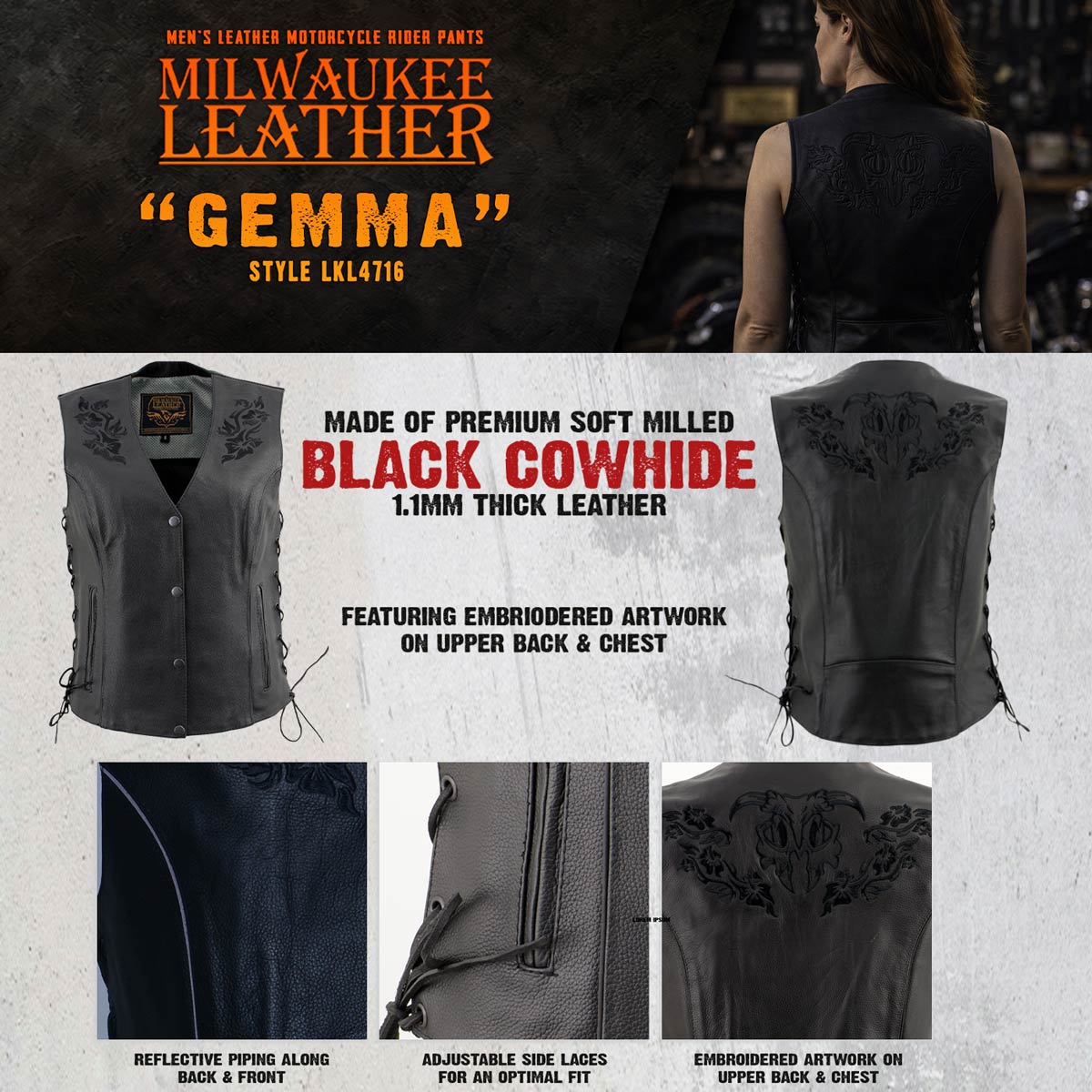 Milwaukee Leather Women's Gemma Black Leather Motorcycle Vest with Side Laces - LKL4716 - image 5