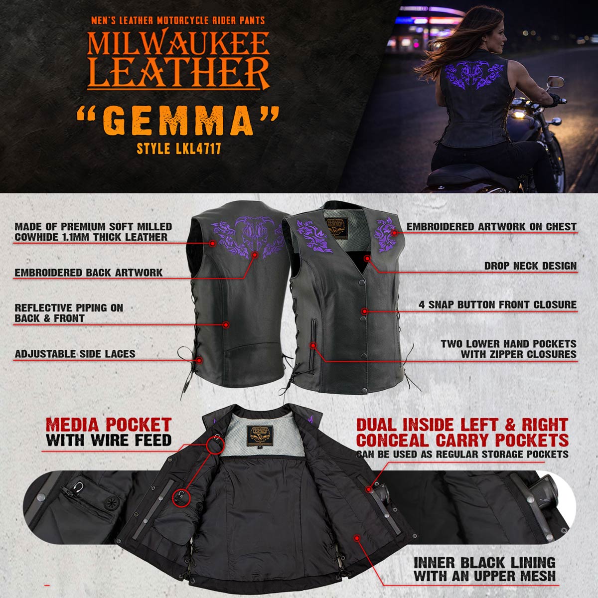 Milwaukee Leather Women's Gemma Black/Purple Leather Motorcycle Vest with Side Laces - LKL4717 - image 4