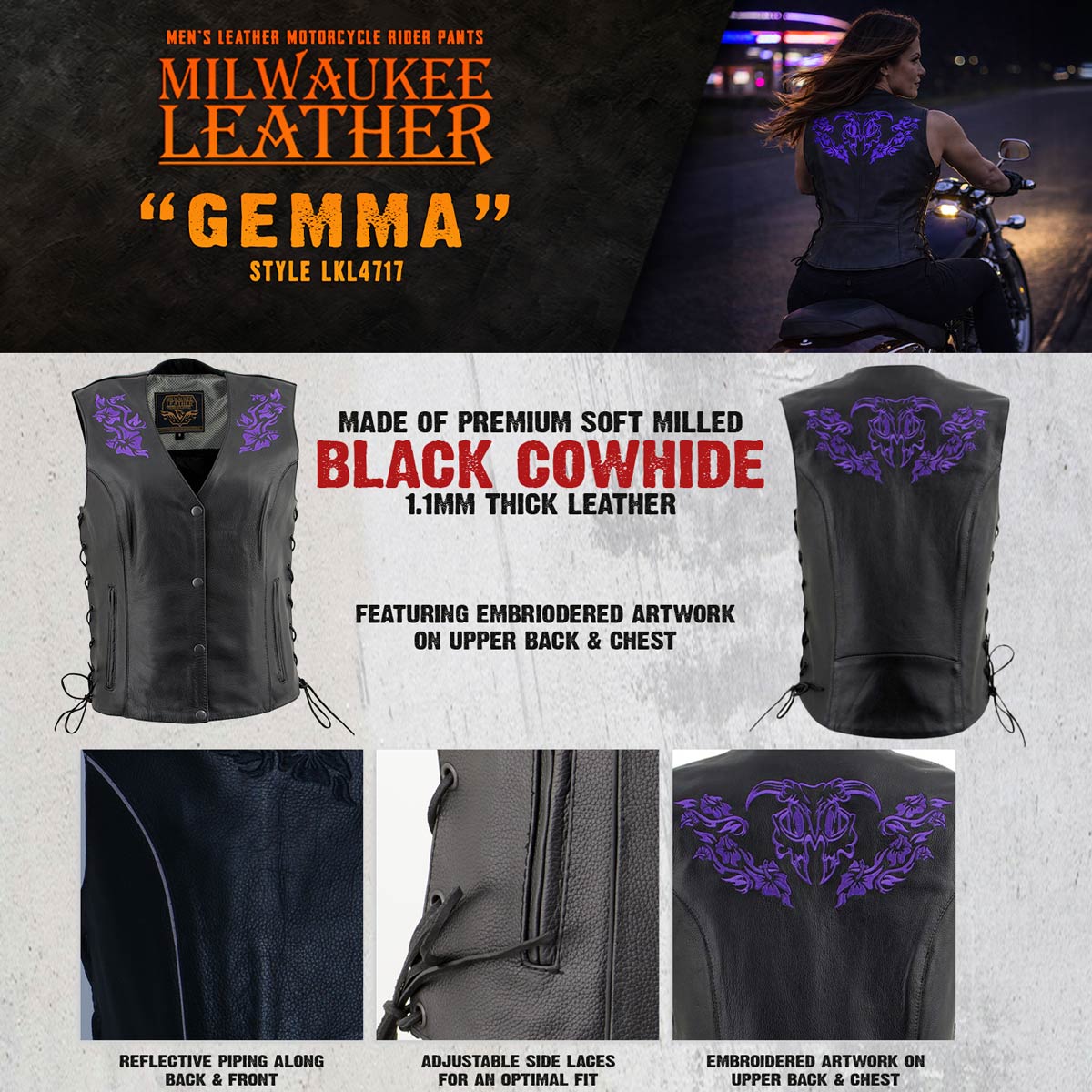 Milwaukee Leather Women's Gemma Black/Purple Leather Motorcycle Vest with Side Laces - LKL4717 - image 5