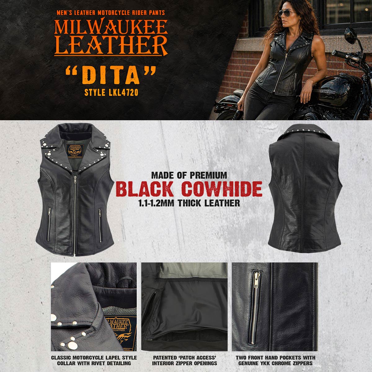 Milwaukee Leather Women's Dita Black Motorcycle Leather Vest w/ Riveted Lapel Collar - LKL4720 - image 5