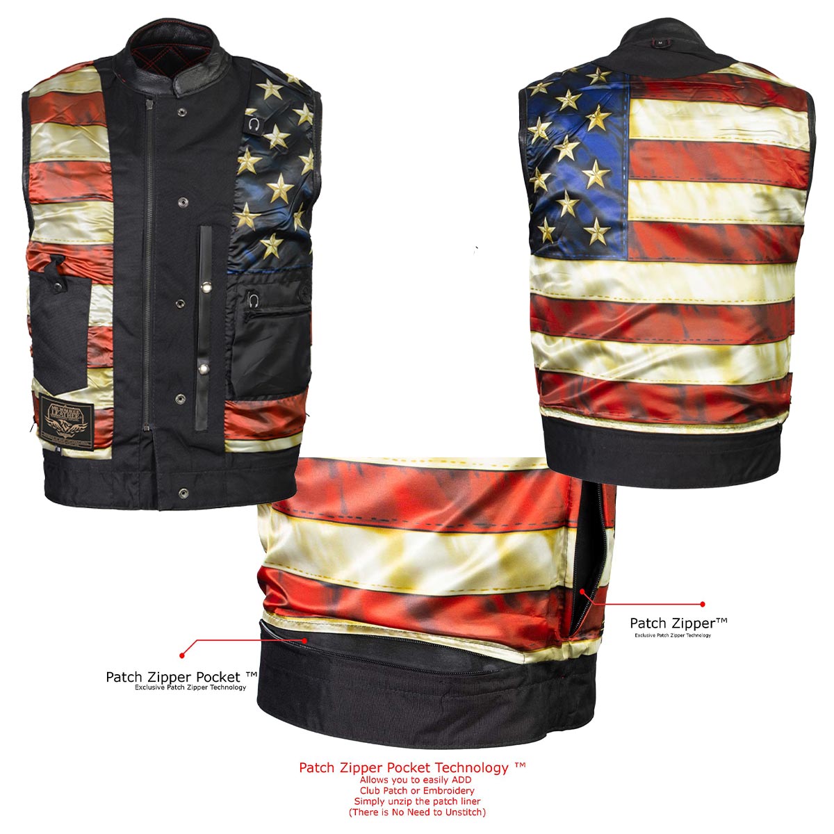Milwaukee Leather LKM3782 Men's Classic Black Premium Leather Motorcycle Vest with USA Flag Liner — image 4