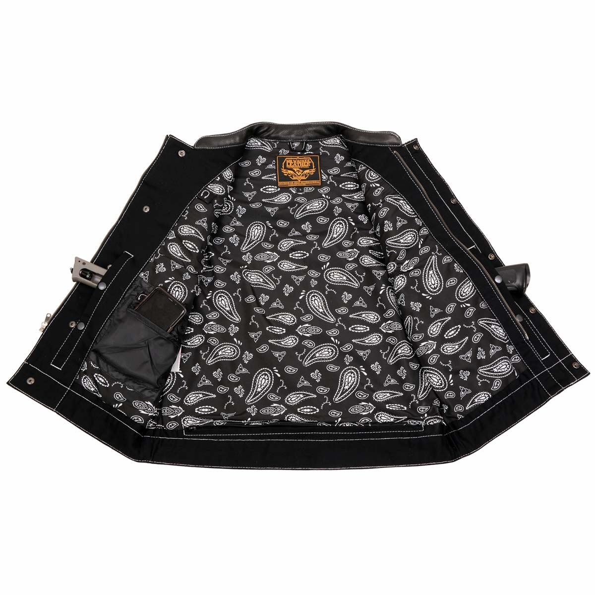 Milwaukee Leather MDM3035 Men’s Wrecker Club Vest – Black Denim & Leather, Diamond Quilt, White Stitch — image 4