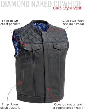 BLUE HL11693SPTBLUE  Black Men Cross Stitch Club Leather Vest