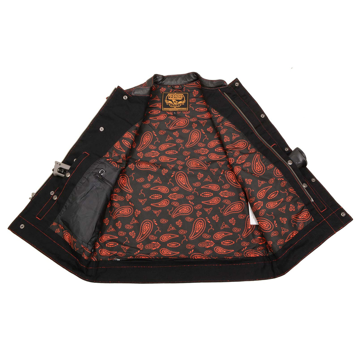 Milwaukee Leather MDM3036 Men’s Wrecker Club Vest – Black Denim & Leather, Diamond Quilt, Red Stitch — image 4