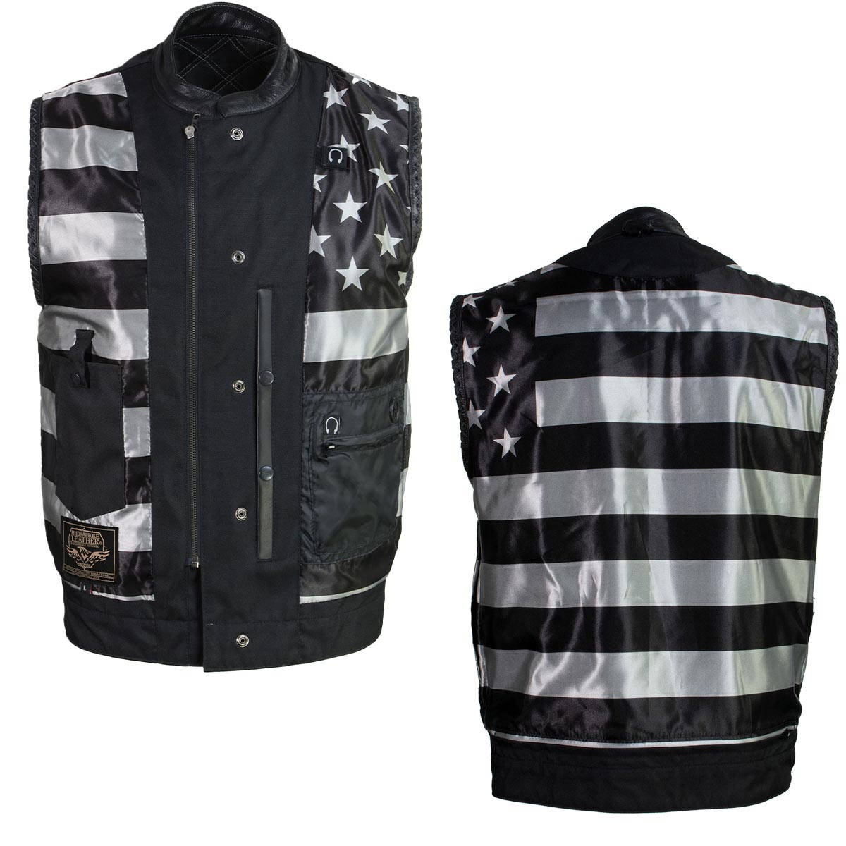 Milwaukee Leather LKM3784 Men's Classic Black Leather Motorcycle Rider Vest Stars and Stripes Design w/ USA Flag Liner — image 6