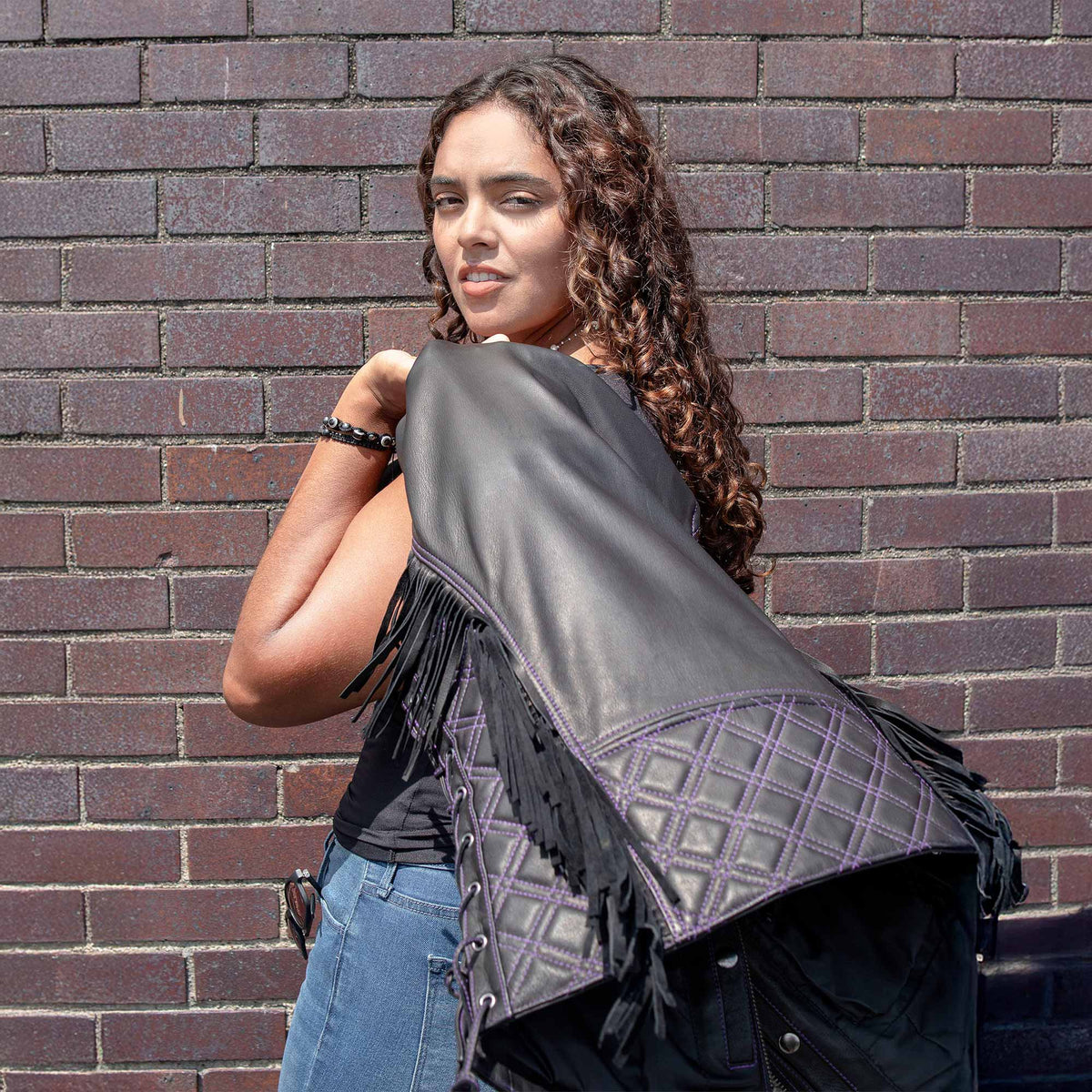 MMCC Women's Low Key Black Purple Leather Motorcycle Vest - MMC40006 - image 6
