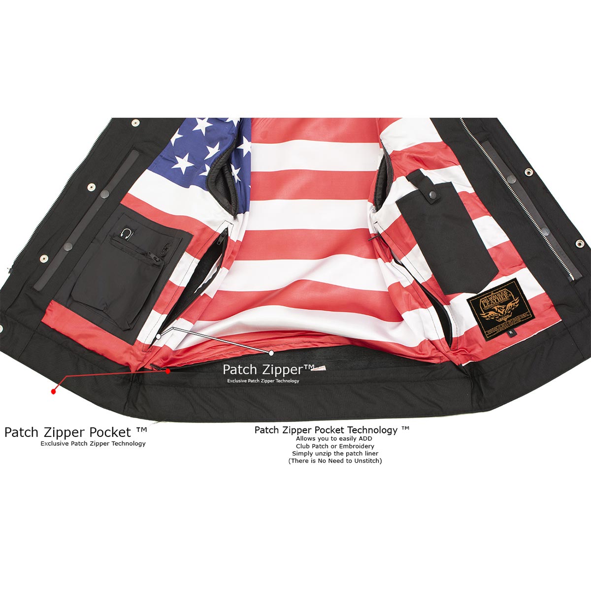 Milwaukee Leather LKM3780 Men's Black Premium Leather Motorcycle Rider Vest w/ Red Stitching and USA Inside Flag Lining — image 5