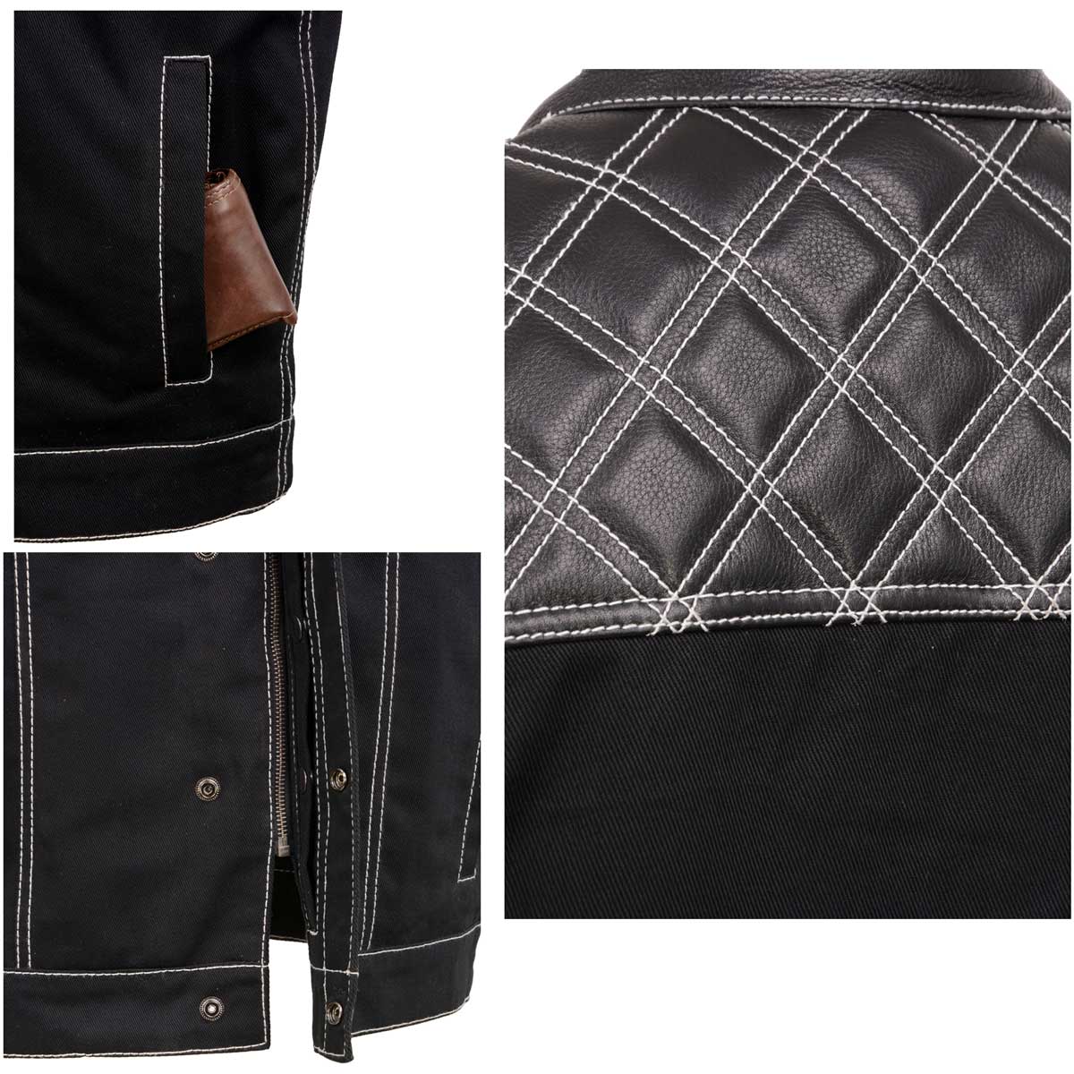 Milwaukee Leather MDM3035 Men’s Wrecker Club Vest – Black Denim & Leather, Diamond Quilt, White Stitch — image 7