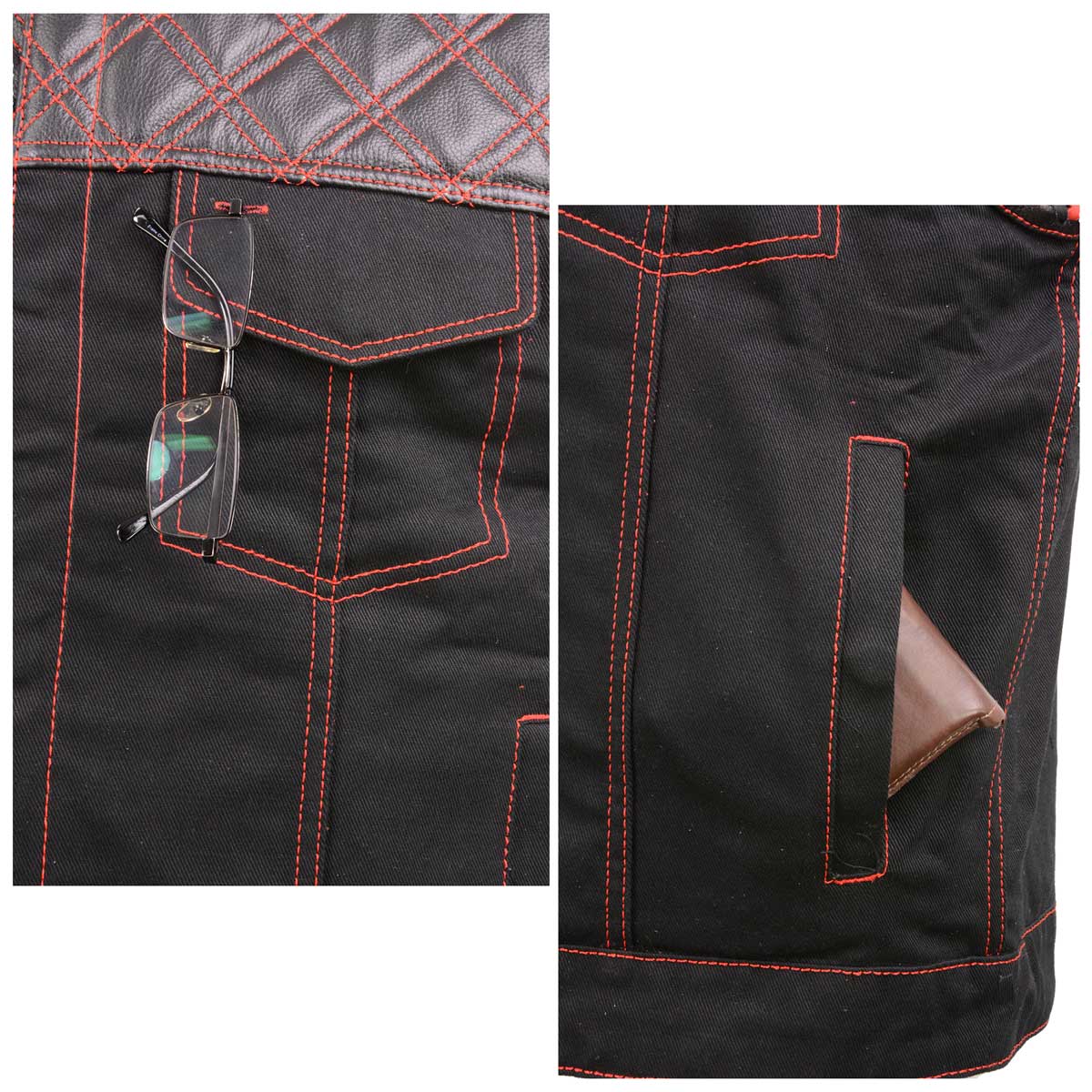 Milwaukee Leather MDM3036 Men’s Wrecker Club Vest – Black Denim & Leather, Diamond Quilt, Red Stitch — image 7
