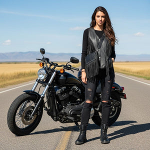 Fringe Rider Combo: Leather Motorcycle Vest + Studded Fringe Bag