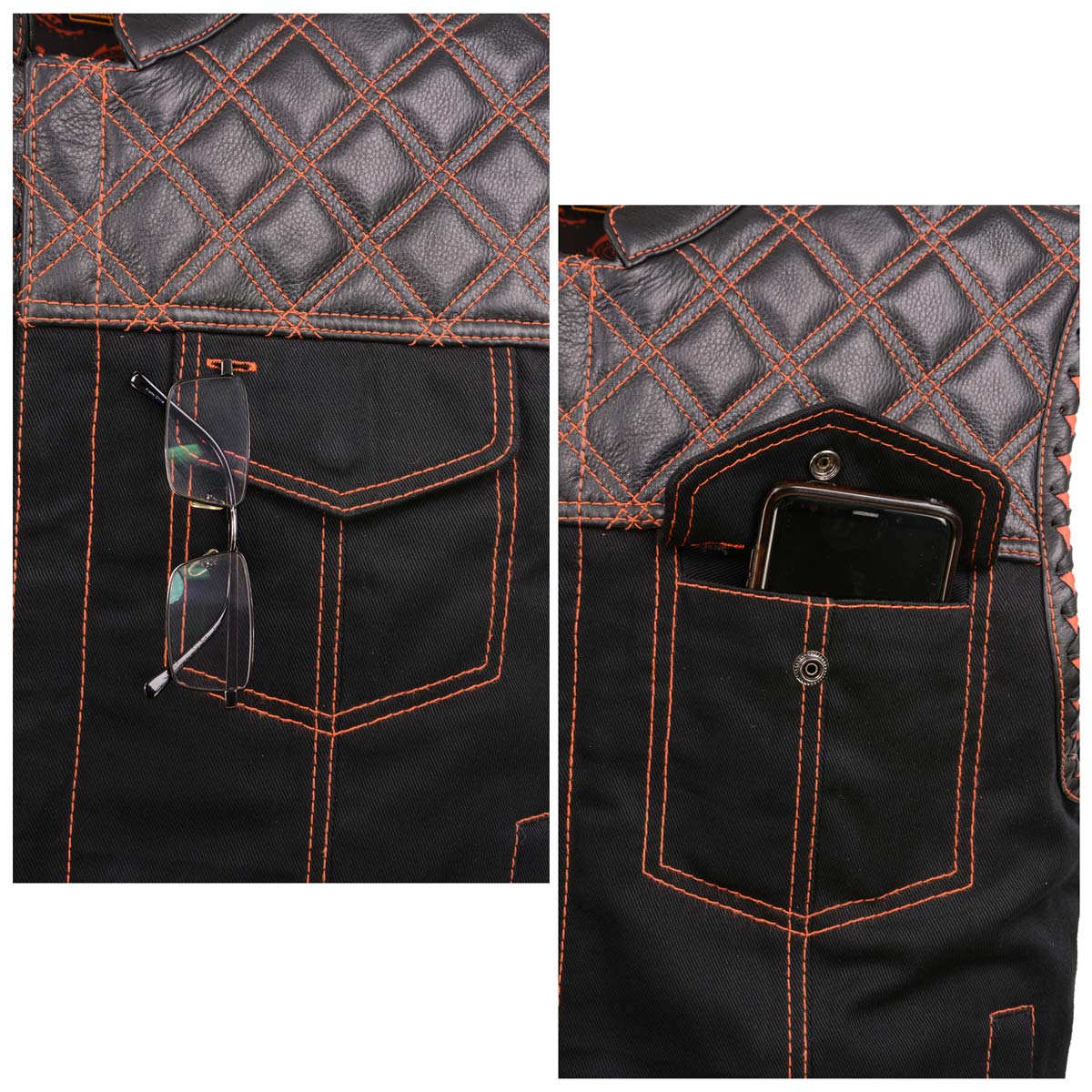 Milwaukee Leather MDM3037 Men’s Wrecker Club Vest – Black Denim & Leather, Diamond Quilt, Orange Stitch — image 7