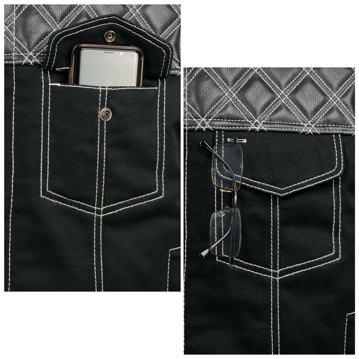 Milwaukee Leather MDM3035 Men’s Wrecker Club Vest – Black Denim & Leather, Diamond Quilt, White Stitch — image 8