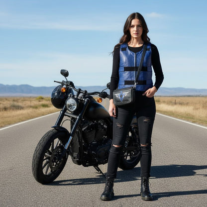 Blue Leather Biker Vest & Matching Crossbody Bag Set for Women