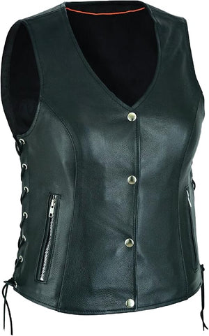 Women’s Basic Motorcycle Side Lace Leather Vest Zipper Pockets