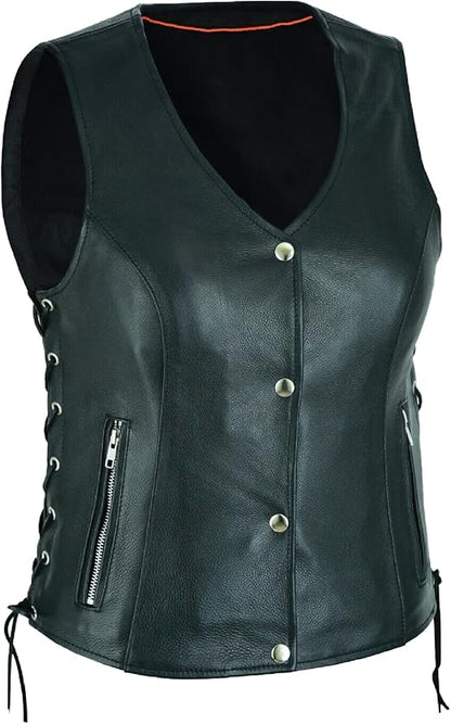 Women’s Basic Motorcycle Side Lace Leather Vest Zipper Pockets