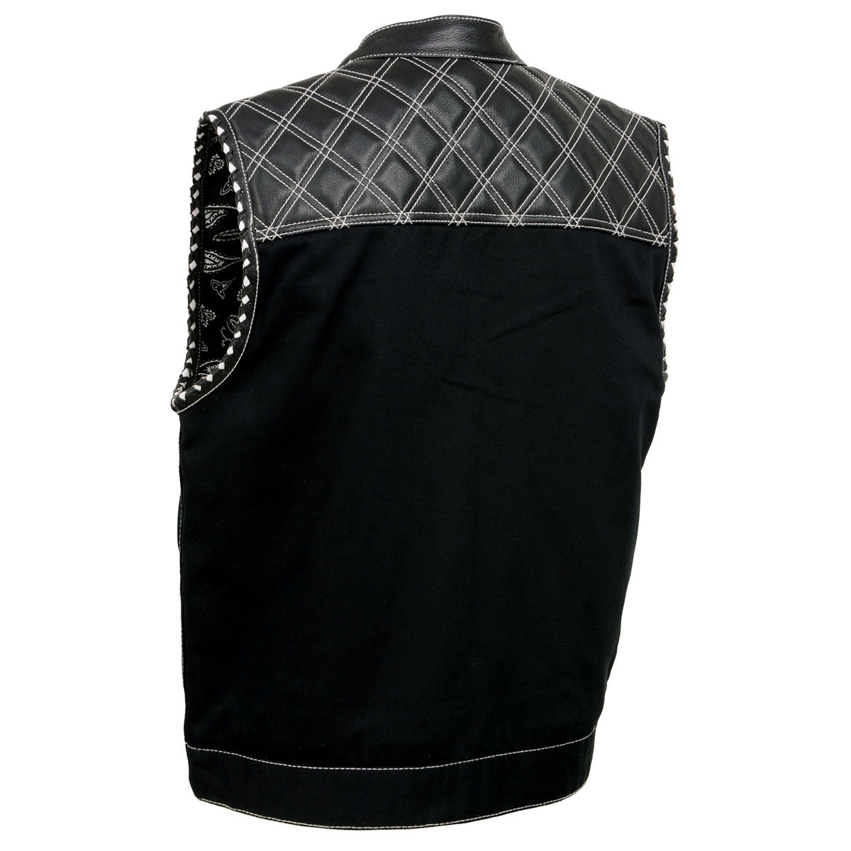 Milwaukee Leather MDM3035 Men’s Wrecker Club Vest – Black Denim & Leather, Diamond Quilt, White Stitch — image 9