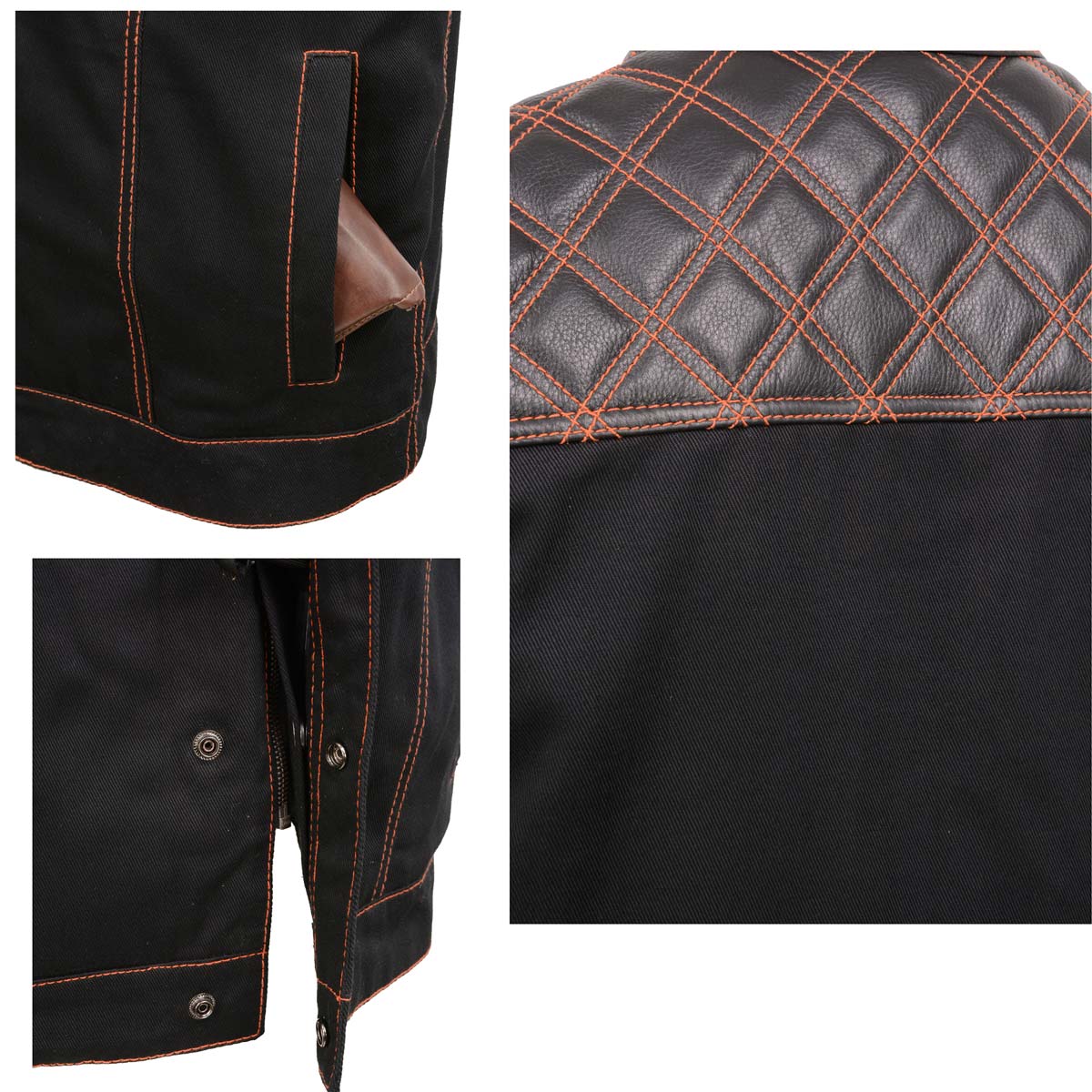 Milwaukee Leather MDM3037 Men’s Wrecker Club Vest – Black Denim & Leather, Diamond Quilt, Orange Stitch — image 8