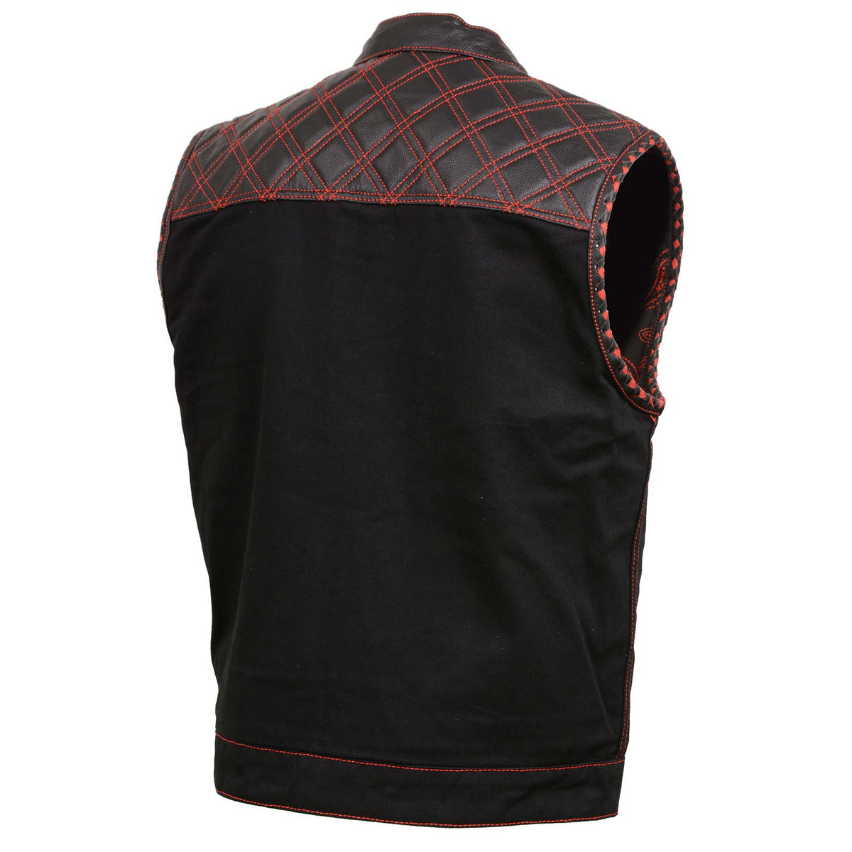 Milwaukee Leather MDM3036 Men’s Wrecker Club Vest – Black Denim & Leather, Diamond Quilt, Red Stitch — image 8