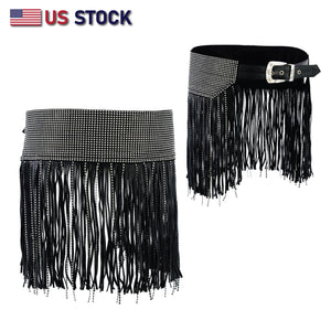 Women Leather Tassel Bling Hip Belt for Vintage Western Design Black Waist Belt