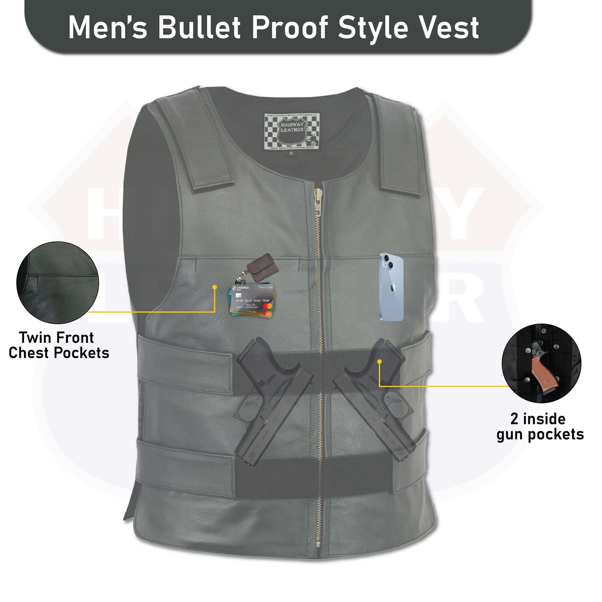 Men Bullet Proof style Leather Motorcycle Vest for bikers Club Tactical Vest - HighwayLeather