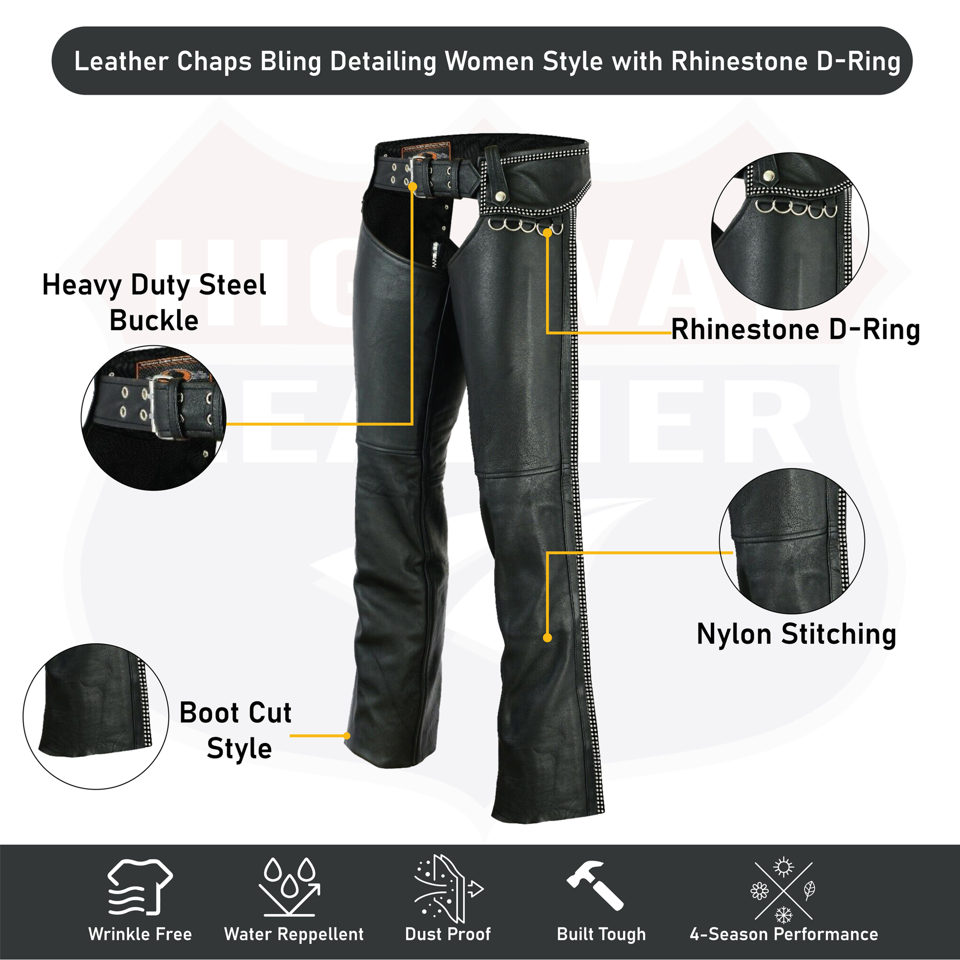 Hip Hugger Leather Chaps Bling Detailing Women Style - HighwayLeather