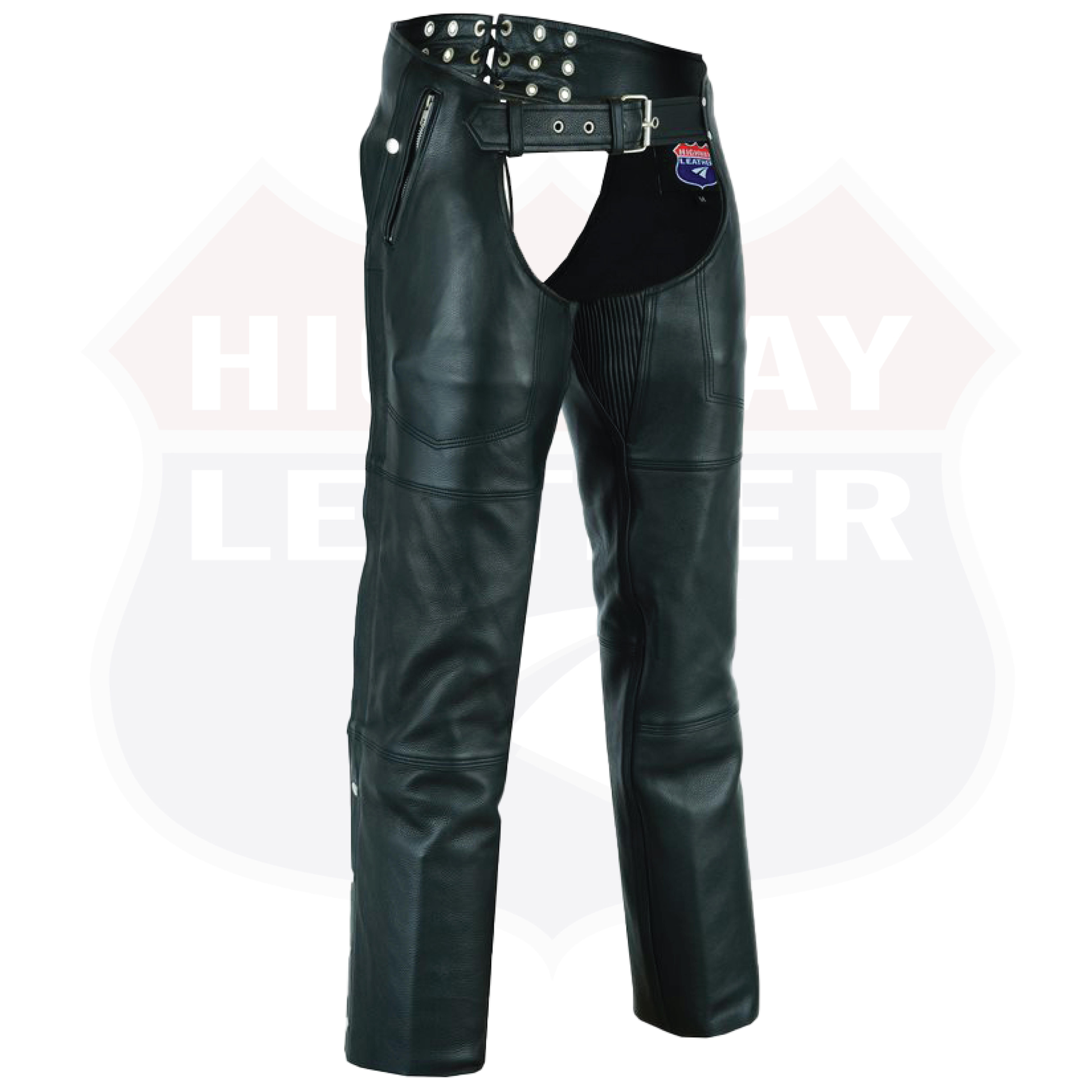 Black HL12840NKD Heavy Buffalo Leather Lined Chaps Motorcycle Riding Biker Chap Black - HighwayLeather