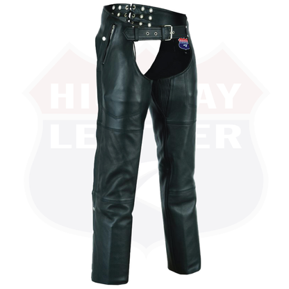 Black HL12840NKD Heavy Buffalo Leather Lined Chaps Motorcycle Riding Biker Chap Black - HighwayLeather