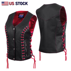 HL14859HOTPINKEYELET WOMEN SIDE LACE VEST  M/O BUFFALO LEATHER BLK