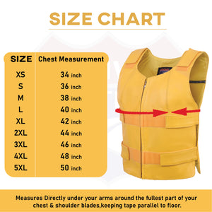 size chart for a HL 14945 yellow  vest is displayed. The chart lists sizes from XS to 5XL with corresponding chest measurements in inches, ranging from 34 to 58 inches. An image of the yellow vest is shown with two red arrows pointing towards a red measuring tape wrapped around the chest area, indicating where to measure for the correct size. Below the chart, there’s a note that instructs to measure directly under one’s arms around the fullest part of one’s chest and shoulder blades, keeping tape parallel