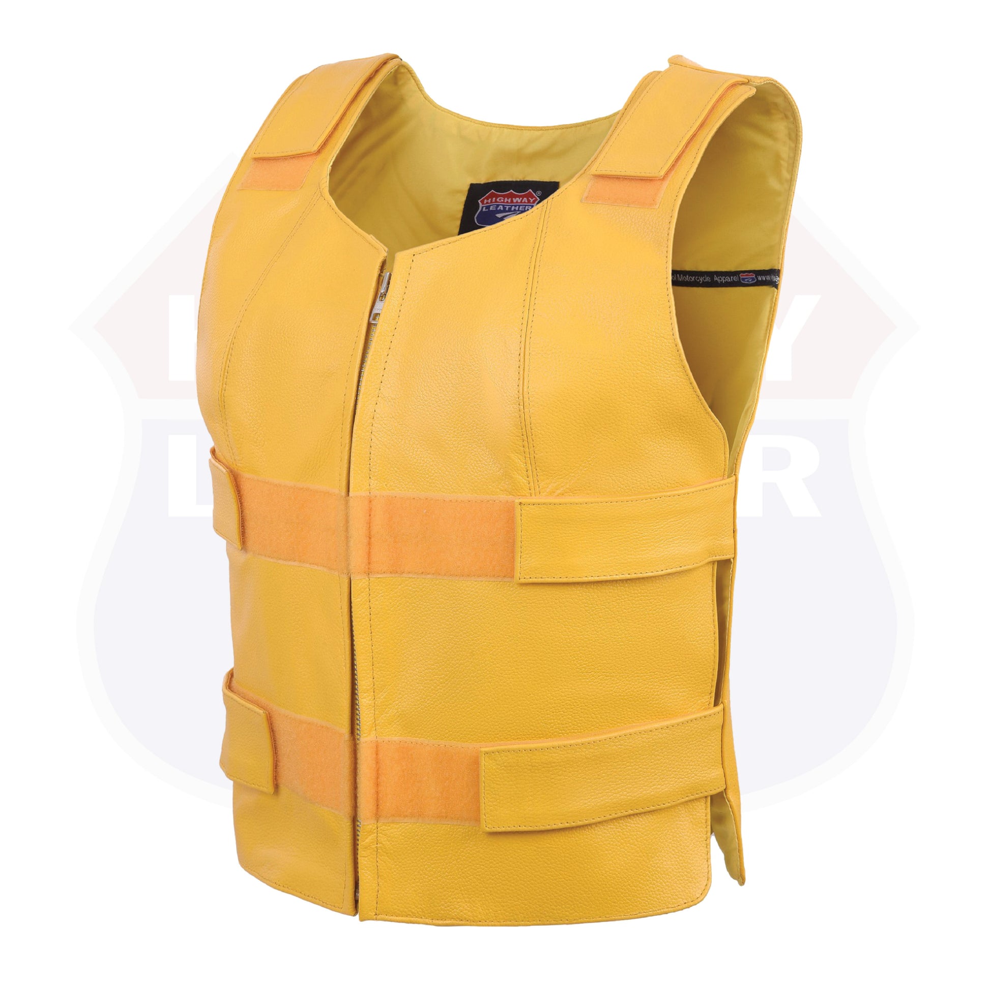 A HL14945YELLOW Women bullet proof style leather vest- for biker club safety vest with reflective stripes and adjustable side straps is displayed against a white background. The vest has a sleeveless design and features a V-neck cut. On the upper left corner, there is a label that reads “US STOCK” accompanied by an American flag. The image showcases the front and back view of the vest, emphasizing its visibility and safety features for use in environments where high visibility is required.