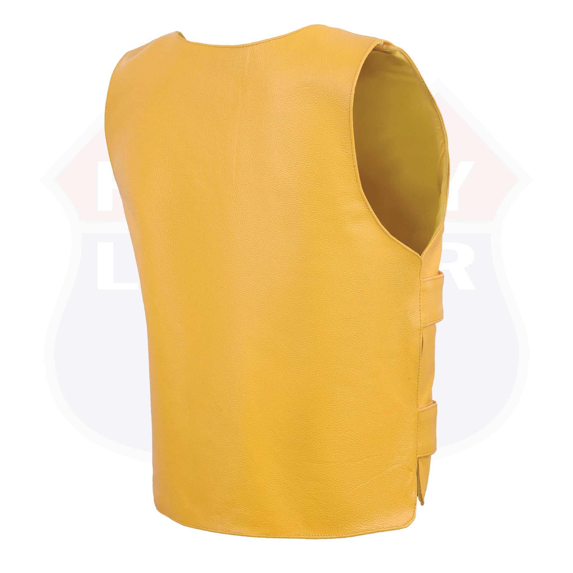 A HL14945YELLOW Women  sleeveless  leather vest displayed against a white background. The vest has a smooth texture and is shown from the side angle, highlighting the armhole and side lacing details that allow for size adjustment. There are no visible pockets or additional embellishments on this simple yet stylish piece of clothing.