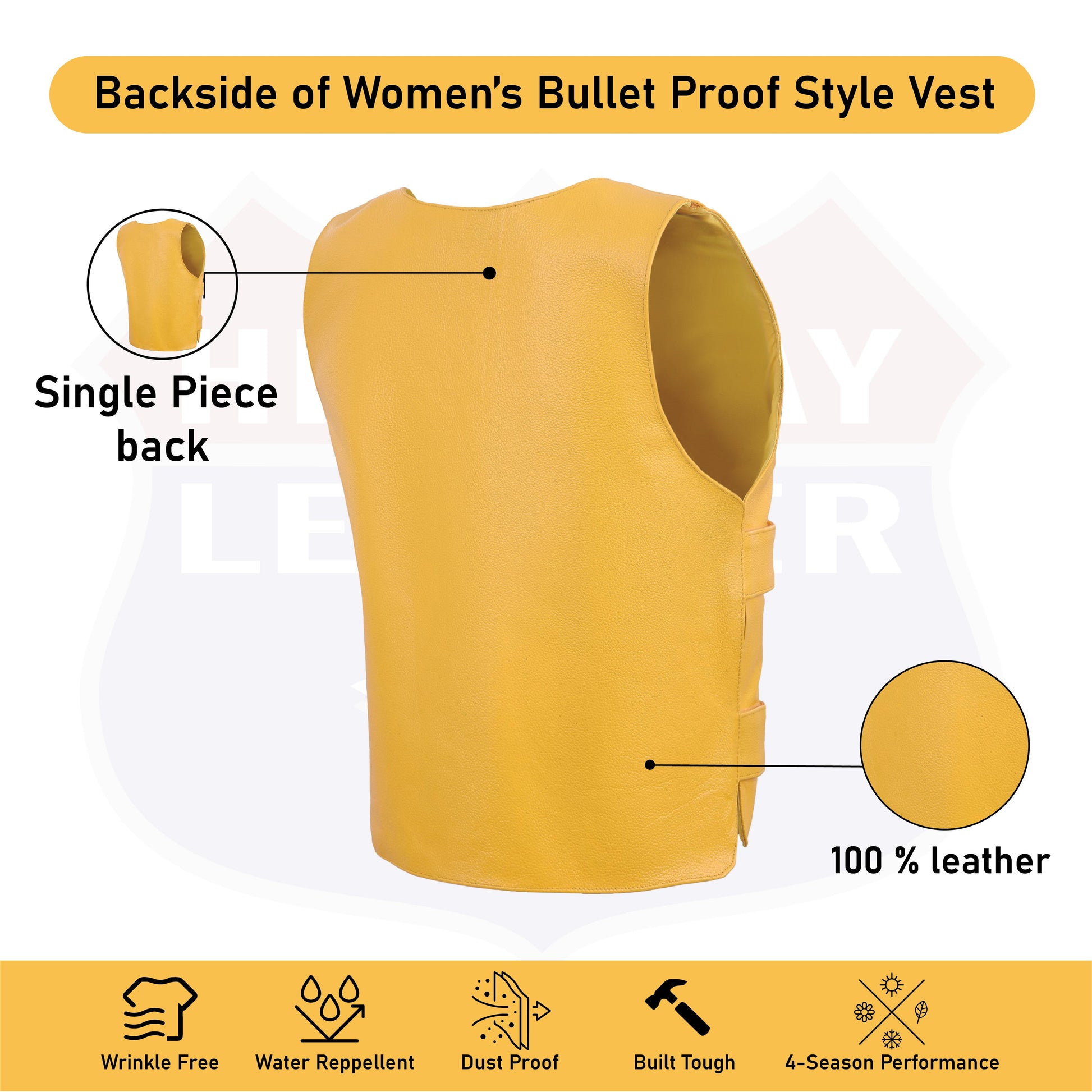 A sleeveless yellow leather vest displayed against a white background. The vest has a smooth texture and is shown from the side angle, highlighting the armhole and side lacing details that allow for size adjustment. There are no visible pockets or additional embellishments on this simple yet stylish piece of clothing. vest has single picece of back and 100% leather