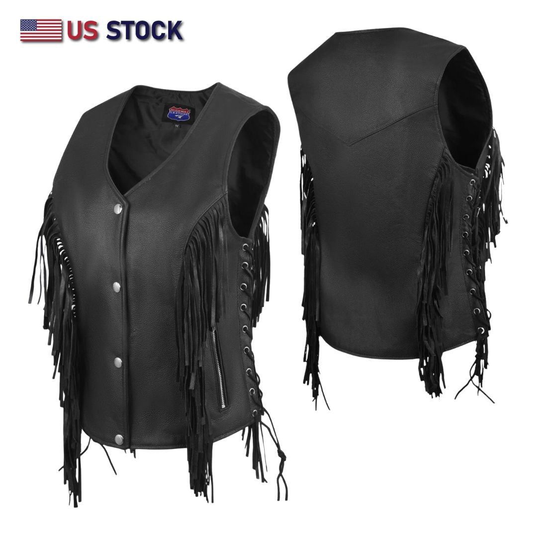 HL14858FRINGE WOMEN SIDE LACE VEST M/O BUFFALO LEATHER BLACK
