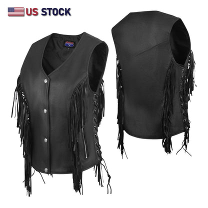 HL14858FRINGE WOMEN SIDE LACE VEST M/O BUFFALO LEATHER BLACK